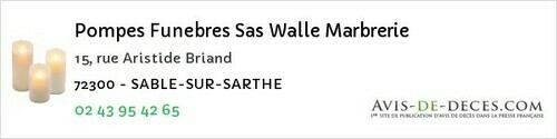 Avis de décès - Sargé-Lès-Le-Mans - Pompes Funebres Sas Walle Marbrerie