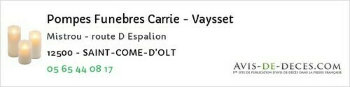 Avis de décès - Saint-côme-D'olt - Pompes Funebres Carrie - Vaysset