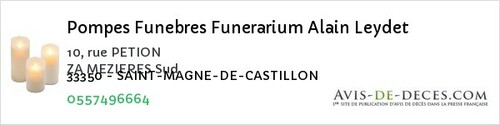 Avis de décès - Lugon-Et-L'île-Du-Carnay - Pompes Funebres Funerarium Alain Leydet