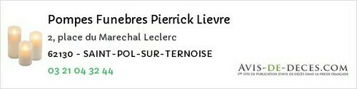 Avis de décès - Angres - Pompes Funebres Pierrick Lievre