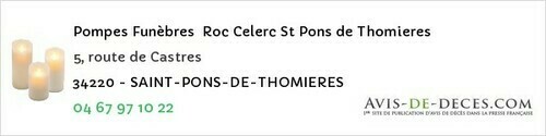 Avis de décès - Boujan-sur-Libron - Pompes Funèbres Roc Celerc St Pons de Thomieres