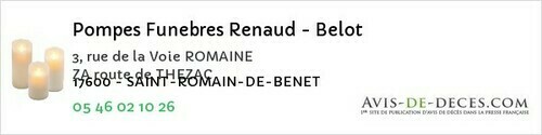 Avis de décès - Villeneuve-la-Comtesse - Pompes Funebres Renaud - Belot