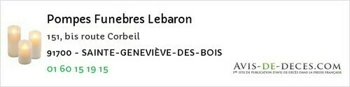 Avis de décès - Brunoy - Pompes Funebres Lebaron