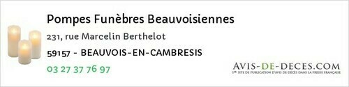 Avis de décès - Beauvois En Cambresis - Pompes Funèbres Beauvoisiennes