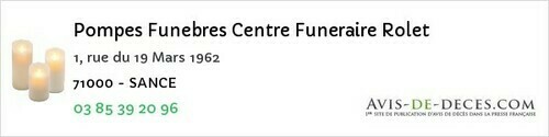 Avis de décès - Saint-Nizier-Sur-Arroux - Pompes Funebres Centre Funeraire Rolet