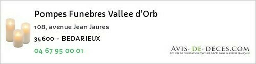 Avis de décès - Clapiers - Pompes Funebres Vallee d'Orb