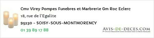 Avis de décès - Soisy-sous-Montmorency - Cmv Virey Pompes Funebres et Marbrerie Gm Roc Eclerc