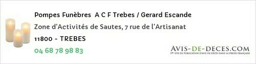 Avis de décès - Antugnac - Pompes Funèbres A C F Trebes / Gerard Escande