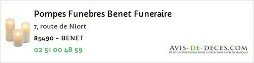 Avis de décès - Bellevigny (ex Belleville-Sur-Vie) - Pompes Funebres Benet Funeraire