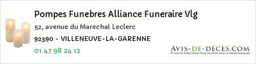 Avis de décès - Villeneuve-la-Garenne - Pompes Funebres Alliance Funeraire Vlg