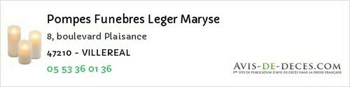 Avis de décès - Feugarolles - Pompes Funebres Leger Maryse