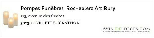 Avis de décès - Villefontaine - Pompes Funèbres Roc-eclerc Art Bury
