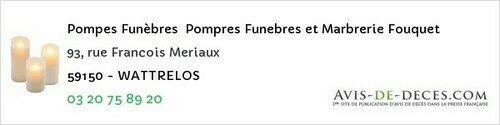 Avis de décès - Masnières - Pompes Funèbres Pompres Funebres et Marbrerie Fouquet