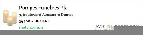 Avis de décès - Béziers - Pompes Funebres Pla