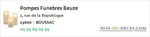 Avis de décès - Chambon-sur-Voueize - Pompes Funebres Beuze