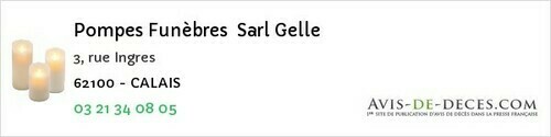 Avis de décès - Calais - Pompes Funèbres Sarl Gelle