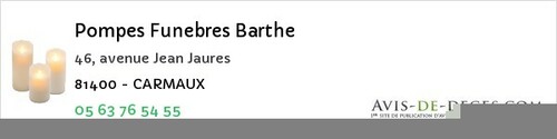 Avis de décès - Labastide-Rouairoux - Pompes Funebres Barthe