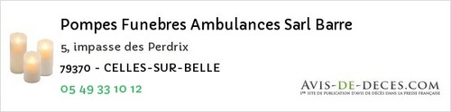 Avis de décès - Chauray - Pompes Funebres Ambulances Sarl Barre
