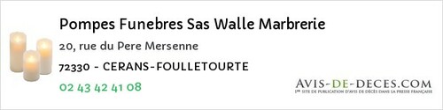 Avis de décès - Marolles-Lès-Saint-Calais - Pompes Funebres Sas Walle Marbrerie