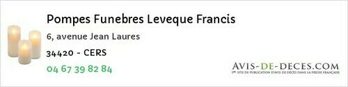 Avis de décès - Olonzac - Pompes Funebres Leveque Francis