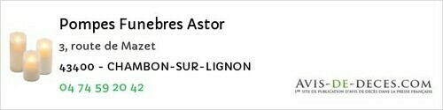 Avis de décès - Chambon Sur Lignon - Pompes Funebres Astor