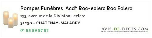 Avis de décès - Malakoff - Pompes Funèbres Acdf Roc-eclerc Roc Eclerc
