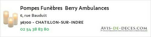 Avis de décès - Ardentes - Pompes Funèbres Berry Ambulances