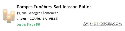 Avis de décès - Ville-sur-Jarnioux - Pompes Funèbres Sarl Joasson Ballot