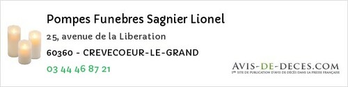 Avis de décès - Villers-Saint-Sépulcre - Pompes Funebres Sagnier Lionel