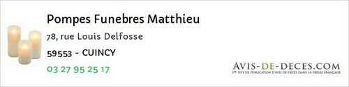 Avis de décès - Cuincy - Pompes Funebres Matthieu