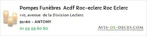 Avis de décès - Antony - Pompes Funèbres Acdf Roc-eclerc Roc Eclerc