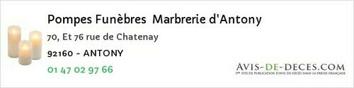Avis de décès - Antony - Pompes Funèbres Marbrerie d'Antony