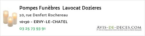 Avis de décès - Ervy Le Chatel - Pompes Funèbres Lavocat Dozieres