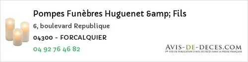 Avis de décès - Saint-Michel-L'observatoire - Pompes Funèbres Huguenet & Fils