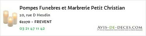 Avis de décès - Reclinghem - Pompes Funebres et Marbrerie Petit Christian