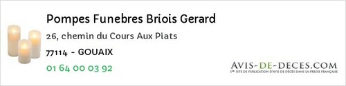Avis de décès - Montigny-sur-Loing - Pompes Funebres Briois Gerard