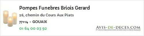 Avis de décès - Vimpelles - Pompes Funebres Briois Gerard